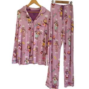 Nick & Nora Womens Sock Monkey Baking Pajama Set Purple Modal Blend Large 2PC